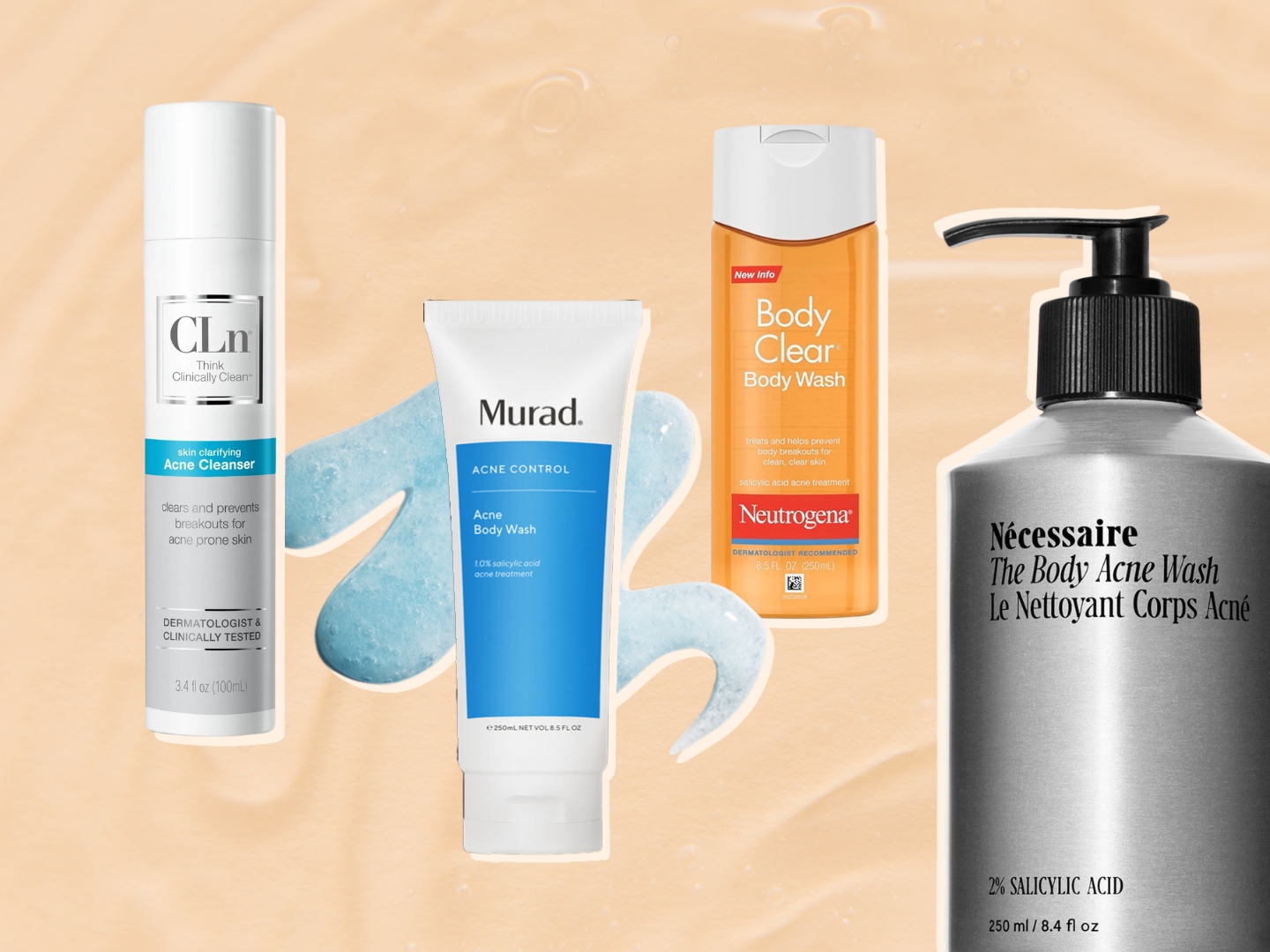 Dermatologists recommend acne body washes like CLn acne cleanser, Murad acne body wash, Neutrogena Body Clear body wash, and Nécessaire Body Acne Wash.