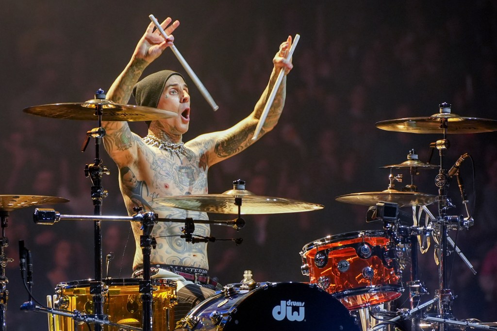 NEW YORK, NEW YORK - MAY 19: Travis Barker of Blink-182 performs onstage at Madison Square Garden on May 19, 2023 in New York City. (Photo by Manny Carabel/Getty Images)