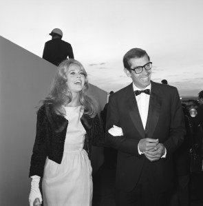 SANTA MONICA, CA APRIL 5: Actress Jane Fonda with husband director Roger Vadim attend the 37th Annual Academy Awards at the Santa Monica Civic Auditorium on April 5, 1962 in Santa Monica, California.  (Photo by Earl Leaf/Michael Ochs Archives/Getty Images)